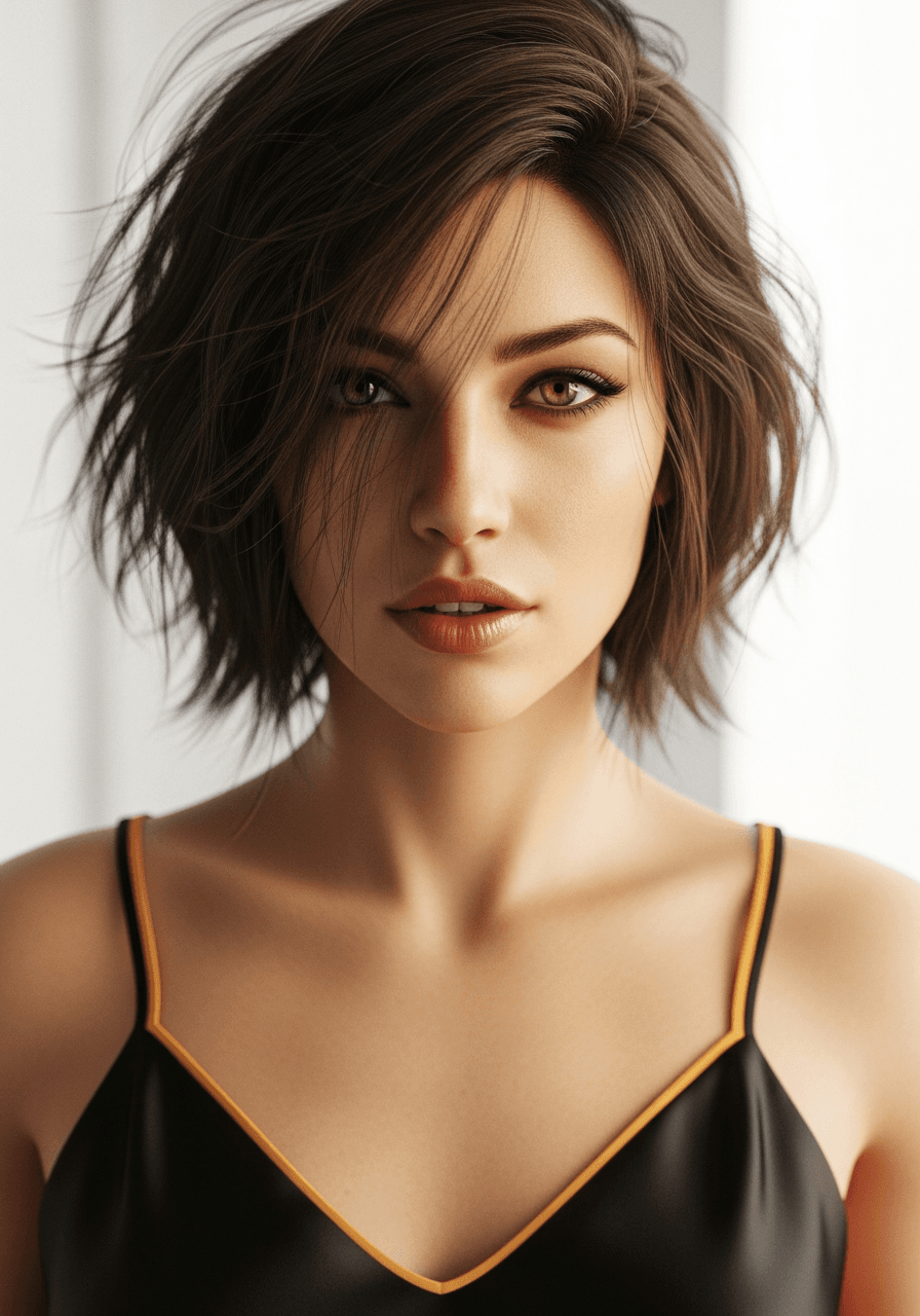 AI generated: A high-resolution, photorealistic close-up portrait of a woman with a messy, short dark brown bob an...