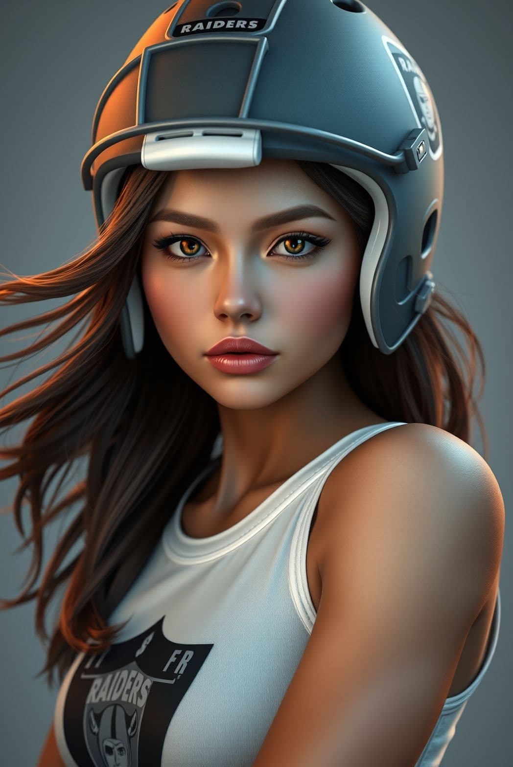 AI generated: Hyper-realistic portrait of a young american girl with a delicate oval face, almond eyes, high cheek...