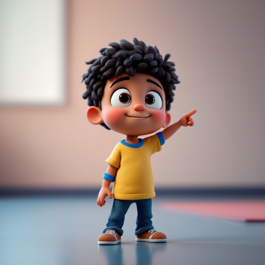 AI generated: create cute claymation CGI hispanic boy age 6. he is looking up at us. We are viewing her from above...