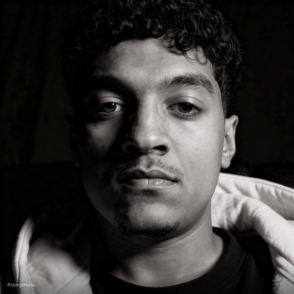AI generated: High-definition black and white cinematic portrait of the SAME young man from the reference photo, e...