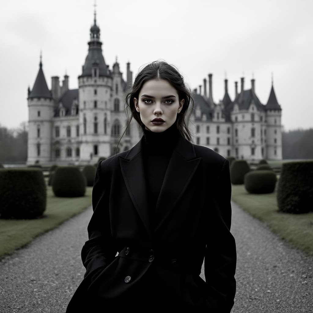 AI generated: A fashion editorial photo of a girl in a black suit, standing solemnly in front of the Chenonceau Ca...