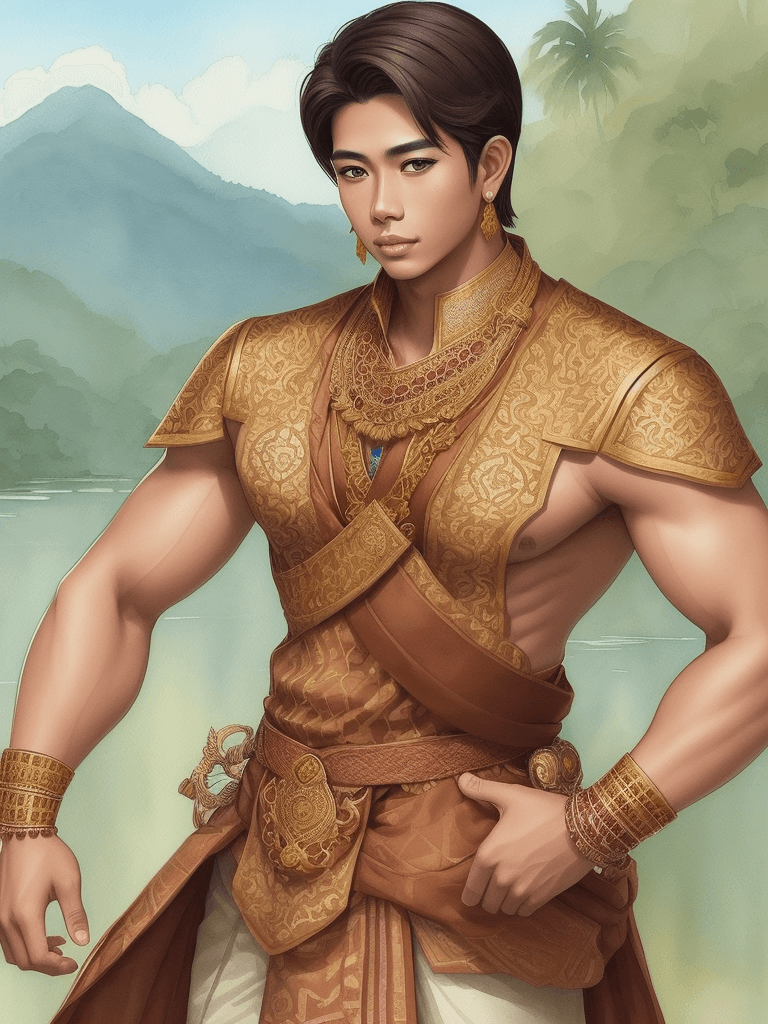 AI generated: young Handsome Muscular Majapahit prince, wearing brown batik and gold accessories, head to toe view...