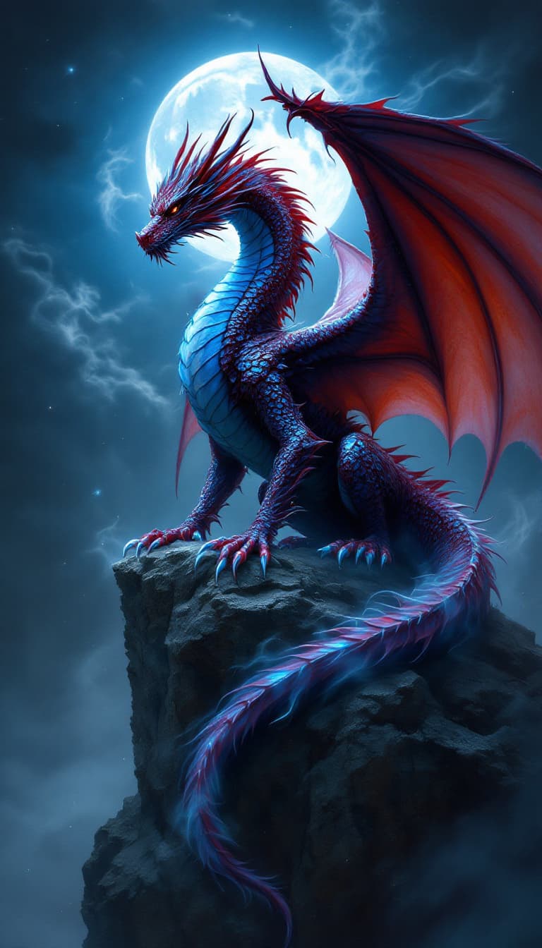 AI generated: "A majestic dragon rendered in rich burgundy and deep blue, its feathers shimmering like an opal und...