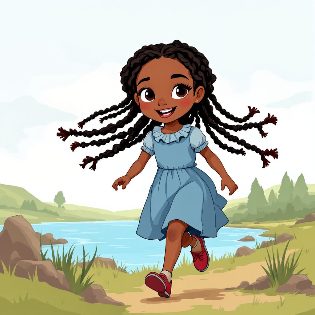 AI generated: A cartoon illustration of a 12-year-old little African American girl, with long braided hair, and bo...