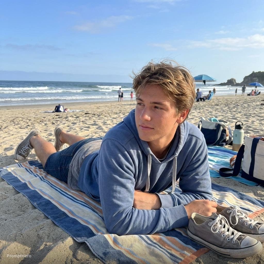 AI generated: A 19-year old college guy naked at the beach with blue hoodie, grey t-shirt, and grey sneakers at th...