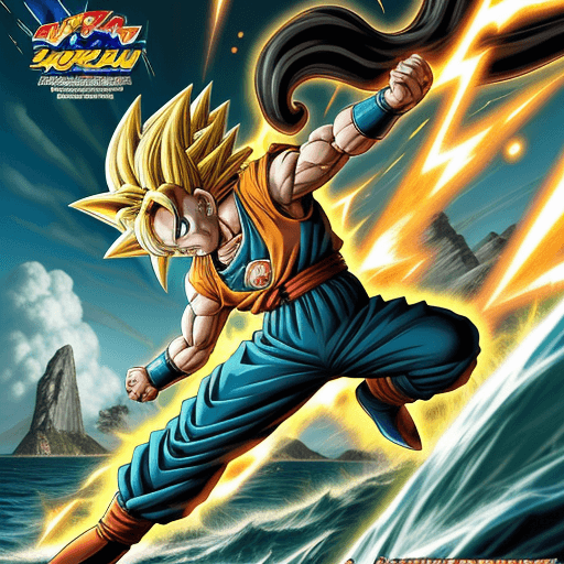 AI generated: Toriyama Akira's comic IP Super Saiyan Vegito, charging Ki, on the the sea