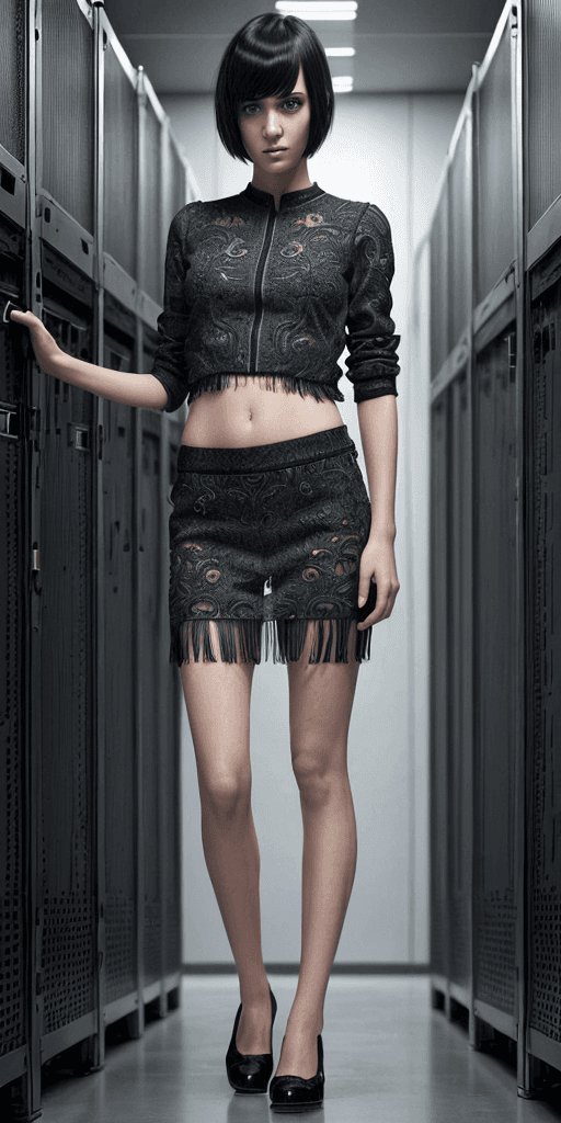 AI generated: (Full body:1) of a young girl, smart casual, hacker's server room, detailed face, ((cool facial expr...