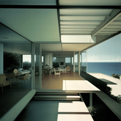AI generated: Hyper realistic eye level exterior photo of a mid century modern style house overlooking the ocean, ...