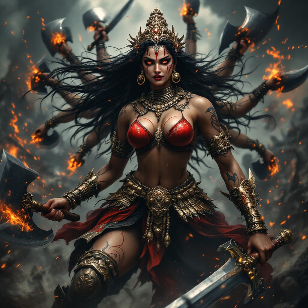 AI generated: 
An ultra-realistic, full-body portrait of Goddess Durga in the midst of an epic battle, exuding chi...