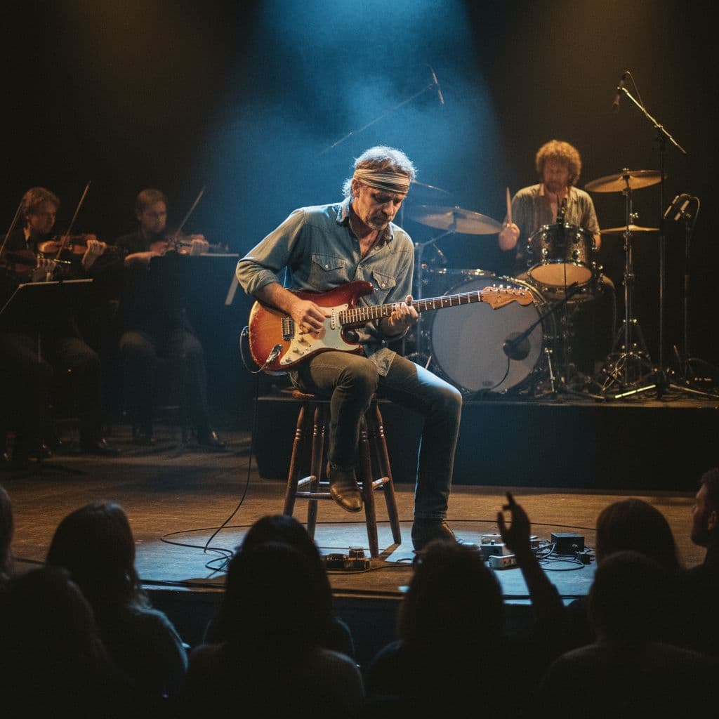 AI generated: Mark Knopfler performing live on stage in the 1980s, sitting on a wooden stool, wearing a headband, ...