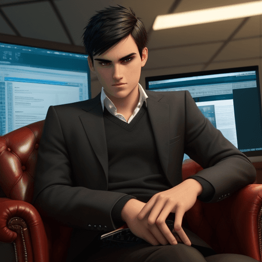 AI generated: A young sporting millionaire, with short black spiky hair and dark brown eyes, sitting in an armchai...