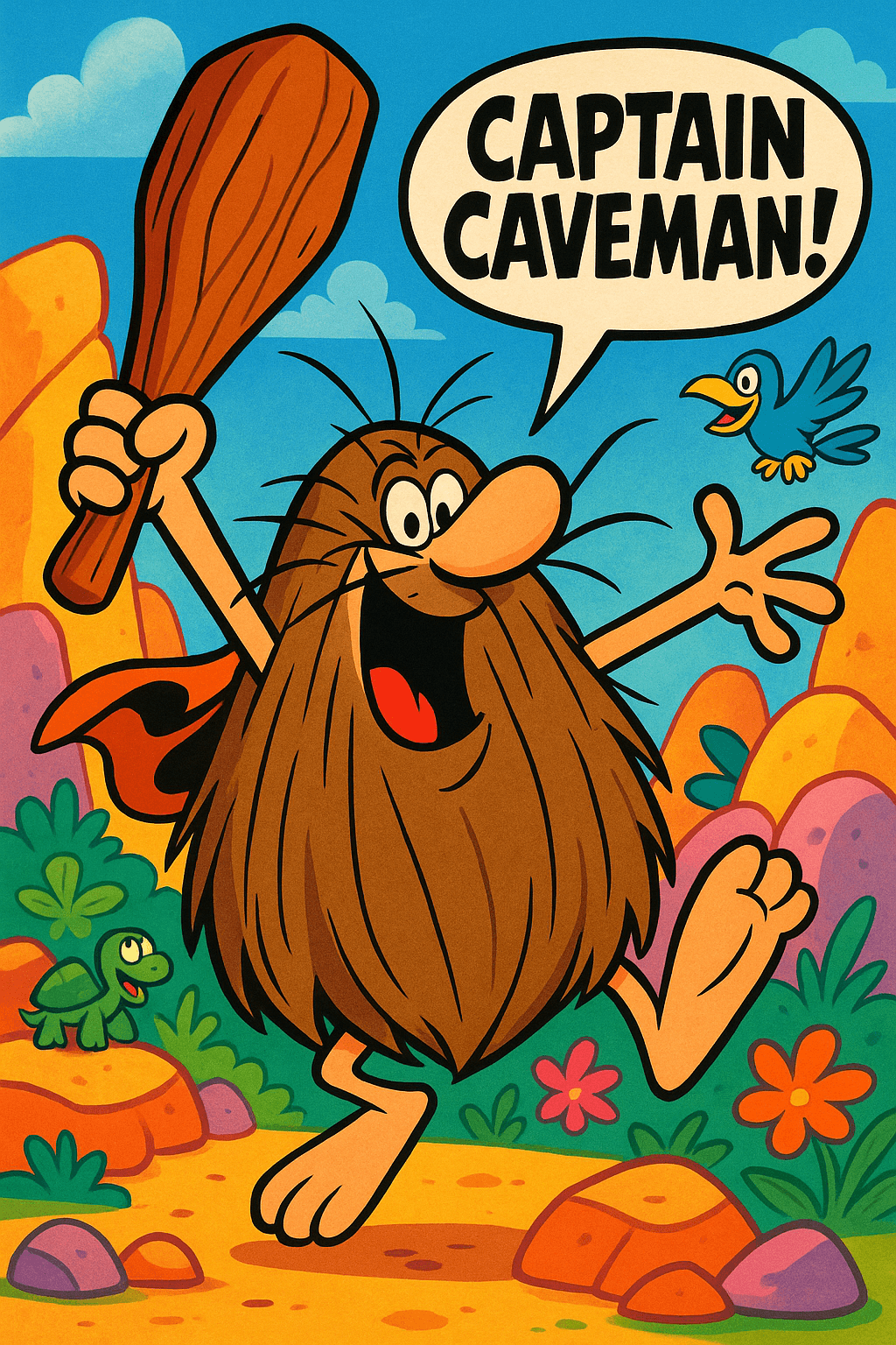 AI generated: Create a vibrant and humorous cartoon-style portrait of Captain Caveman, the iconic character from t...