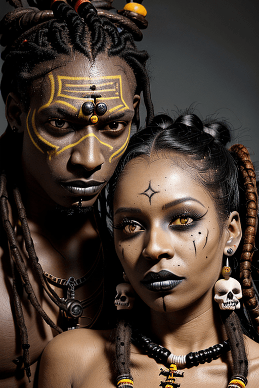 AI generated: A male and a female voodoo priests,  seductive environment, damballa, dark complexion, voodoo symbol...