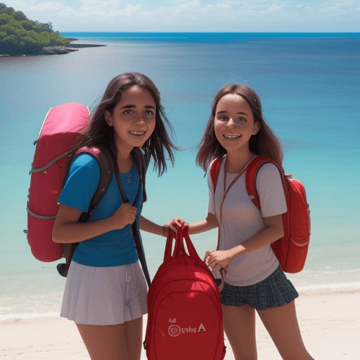 AI generated: unos jovenes en una isla desierta con unas mochilas y toda su visa sentro de ellas y siendo felizes ...