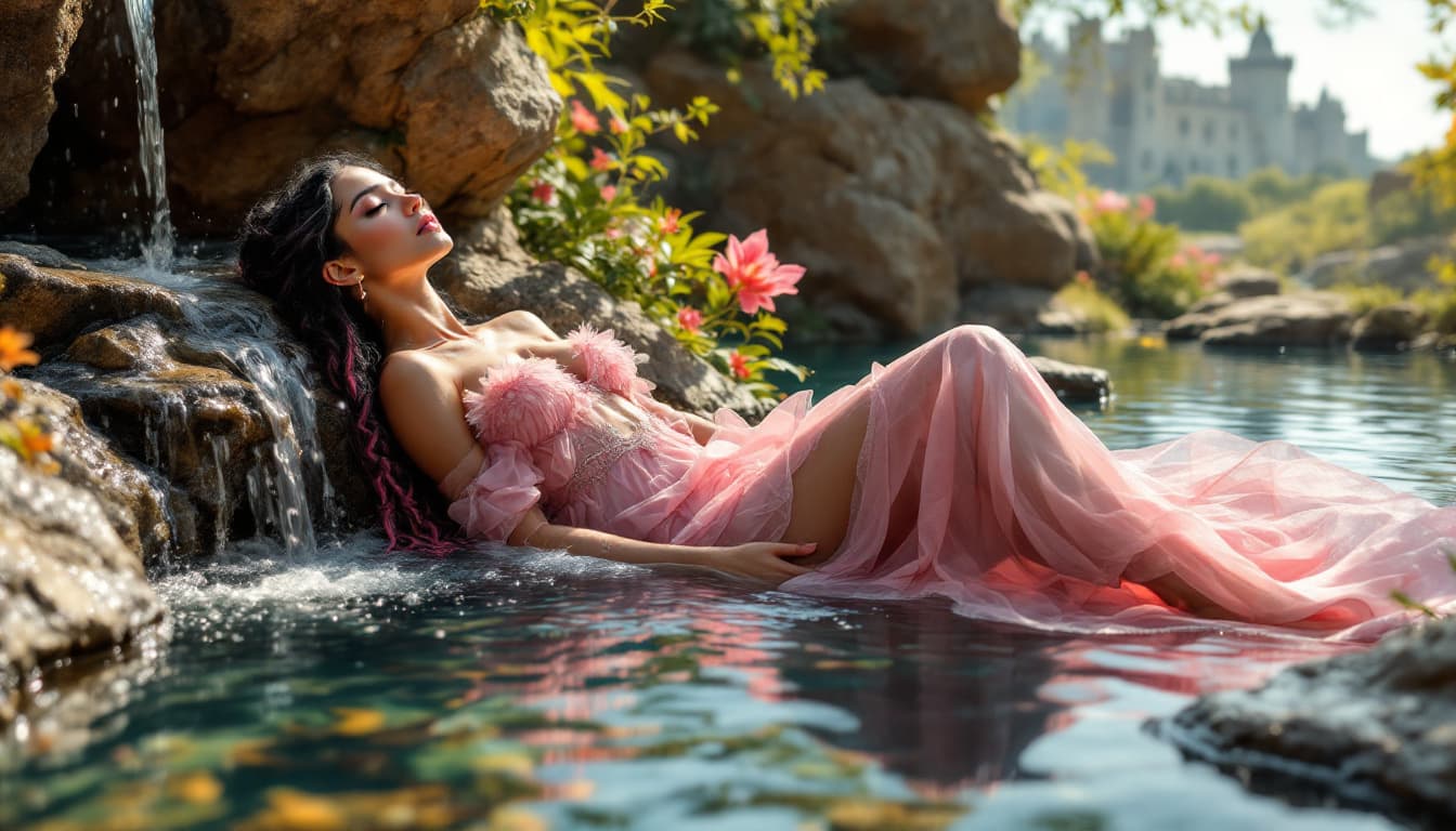 AI generated: A beautiful realistic portrait of a gorgeous English female reclining gracefully, half-submerged in ...