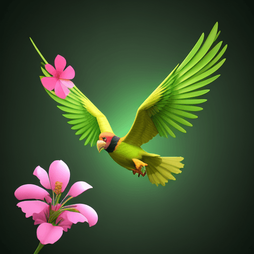 AI generated: abstract 3D shape flying parot, foliage and flowers incorporated, light emitting, green background
