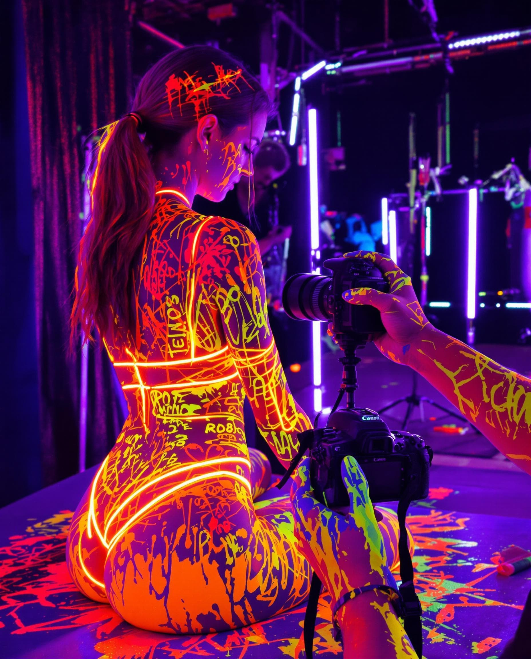 AI generated: A photorealistic scene of a woman in bright neon underwear being painted with bright neon body paint...