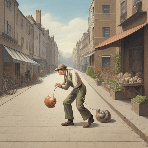 AI generated:  illustration of a man collecting a snail in the street