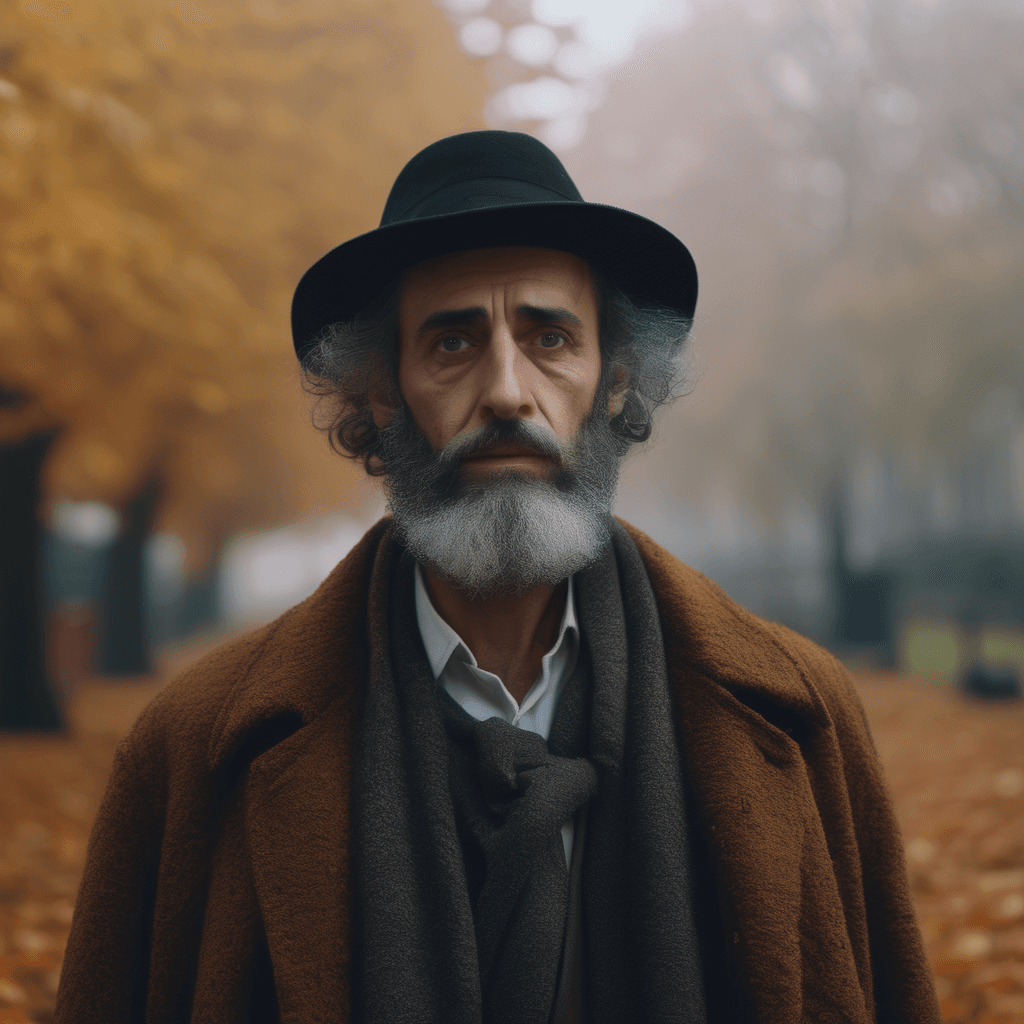 AI generated: A striking 4K portrait of a Jewish writer in autumn, featuring a powerful expression and a cinematic...