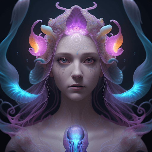AI generated: Goddess close-up portrait ribcagel. jellyfish phoenix head, nautilus, orchid, skull, betta fish, bio...