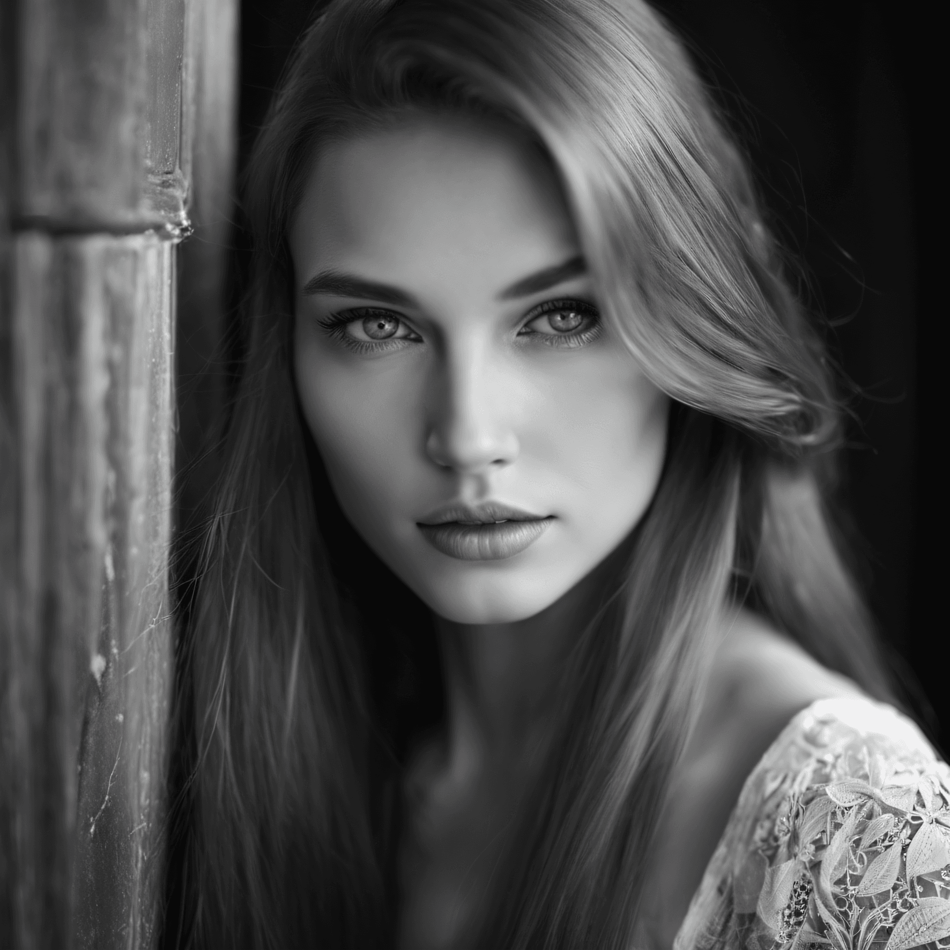AI generated: a black and white photo of a woman with long hair, slavic girl, soft skin, 18 years old, sharp soft ...