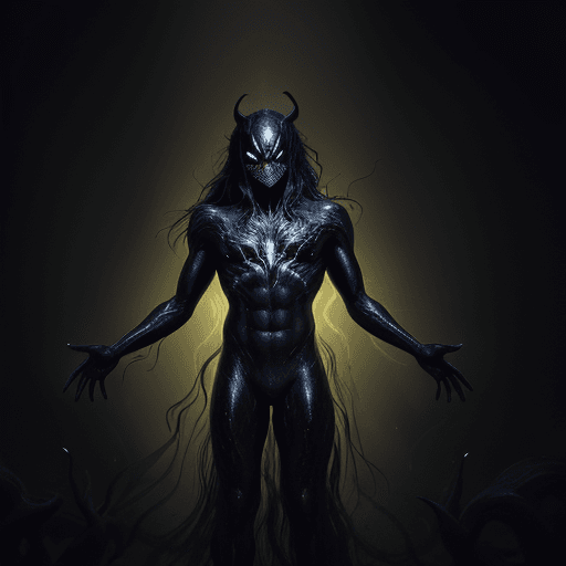 AI generated: In the depths of darkness, a cimmerian gilded sonic symbiote emerges, its shimmering form blending p...