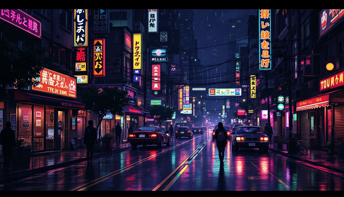 AI generated: Street of the 80s. At night. A lot of neon. Without people. No cars. Rain. Pixel Art Style