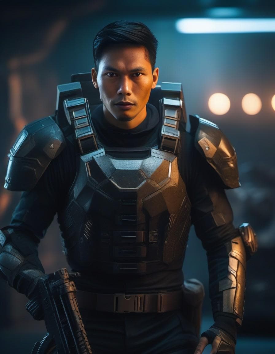 AI generated: angry marine in combat armor, futuristic, apocalyptic war in background, (((full body visible))), lo...