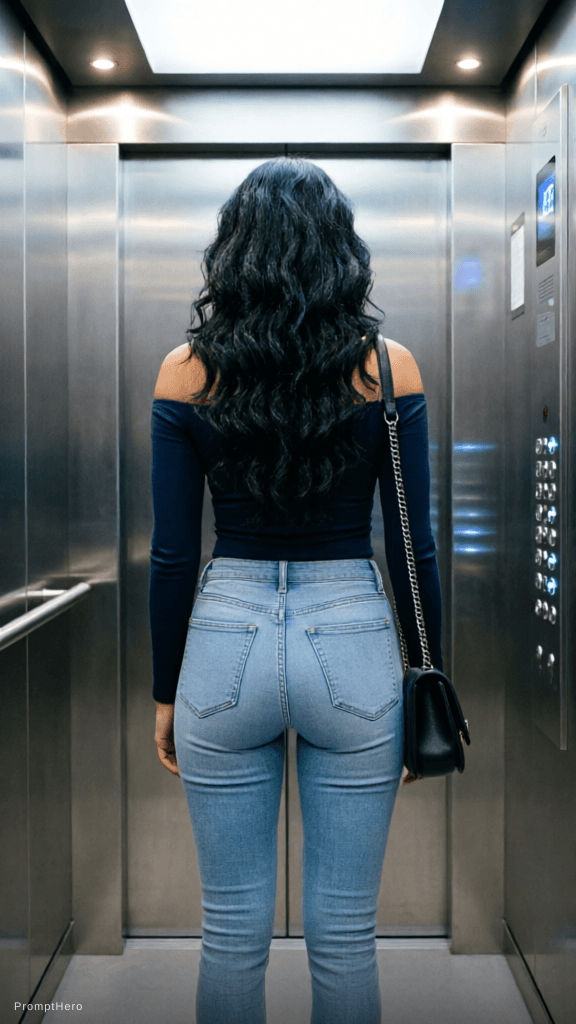 AI generated: A cinematic, hyper-realistic photo of a young woman standing inside a modern stainless steel elevato...