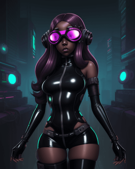 AI generated: Octoling, hypnosis, dark skin, latex, goggles, female, long hair, high tech, cyberpunk