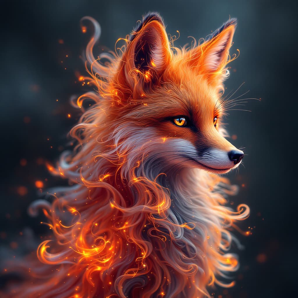 AI generated: A highly detailed artistic fibonacci render of a fox made of orange fire, ferrofluid, psychedelic