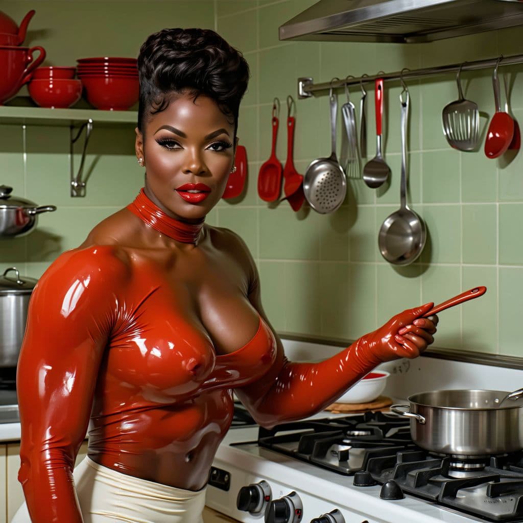 AI generated: 1955,  pin up girl but, instead, an ultra-gay man, huge bobybuilder but meek and subbmissive, flambo...
