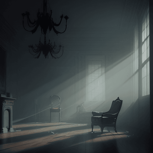 AI generated: image of a empty room dim lit, with a chair floating in the middle with smoke and fog in the shadows...