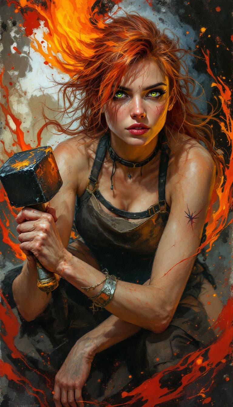 AI generated: "Ember Sculptor in a Molten Crucible": A powerful abstract painting presents a sculptor, exuding bot...