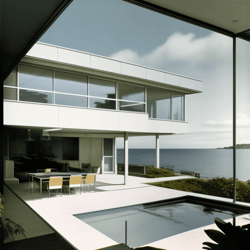 AI generated: Hyper realistic eye level exterior photo of a mid century modern style house overlooking the ocean, ...