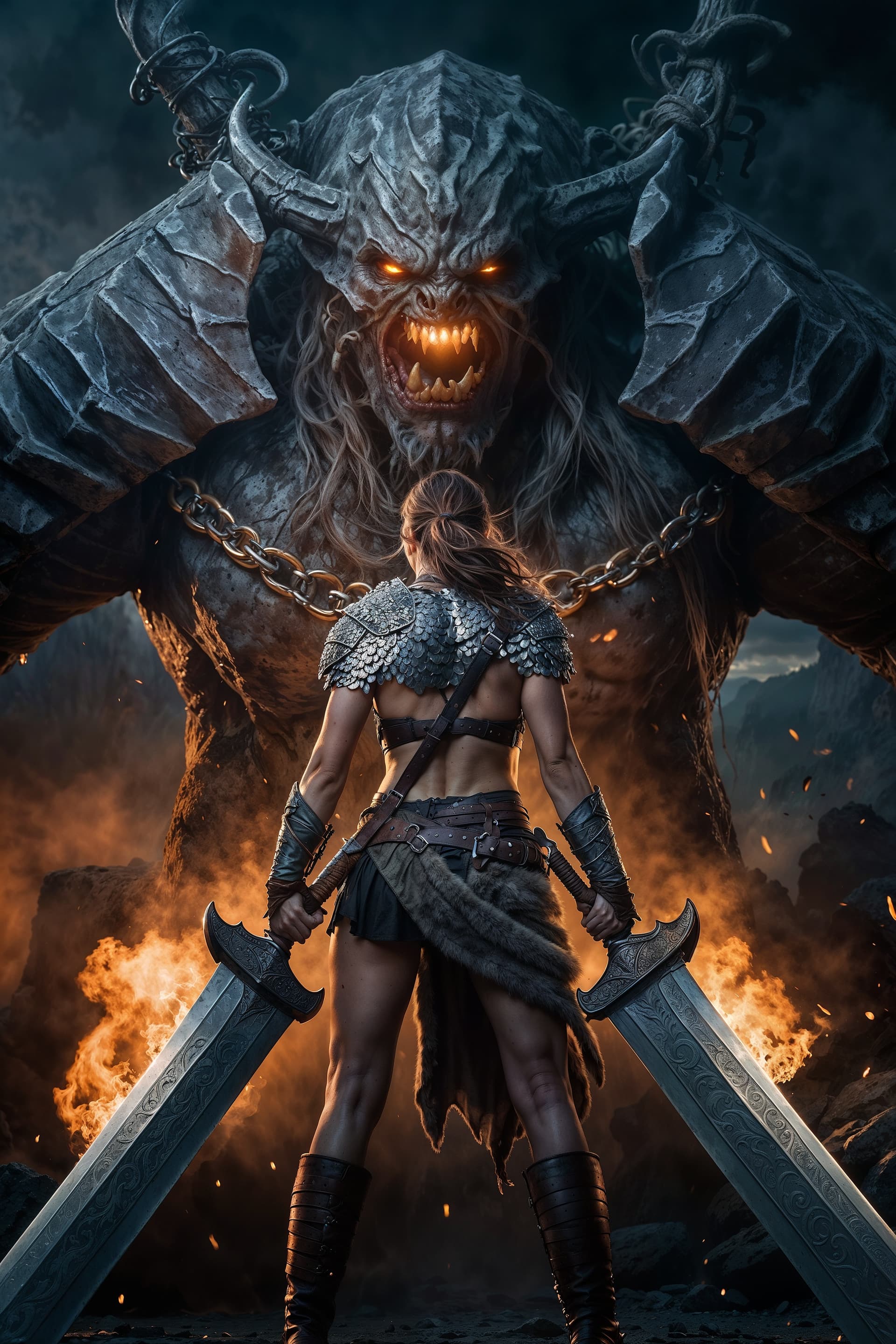 AI generated: In this captivating dark fantasy cinematic photo, a powerful barbarian woman dressed in light chainm...