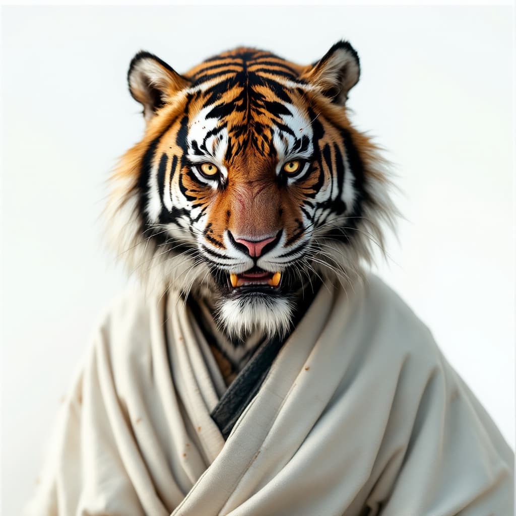 AI generated: A tiger in human form, dressed in a white kimono, with a scarred face