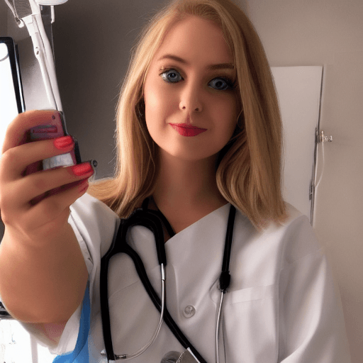 AI generated: Girl 25 years old. Takes a selfie. Hair blonde. The eyes are dark brown. Lips are plump. . Dressed i...