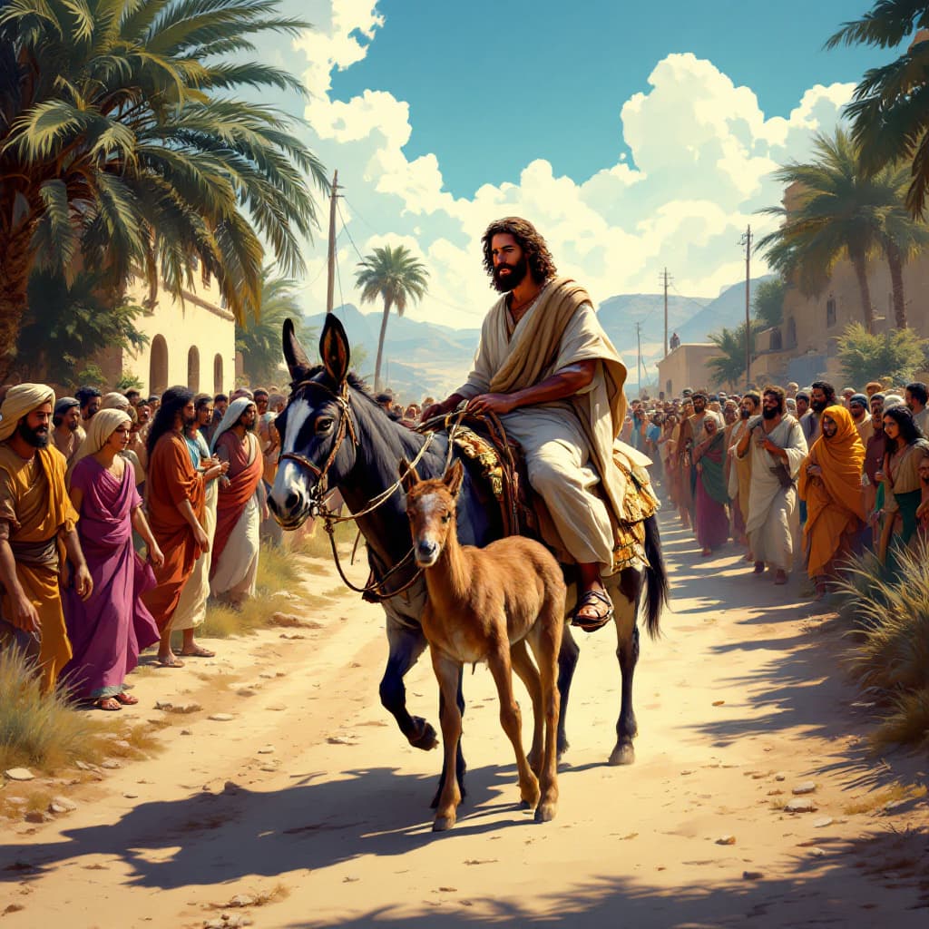 AI generated: a brown jesus riding a donkey with its colt side by side on a crowded dirt road of followers surroun...