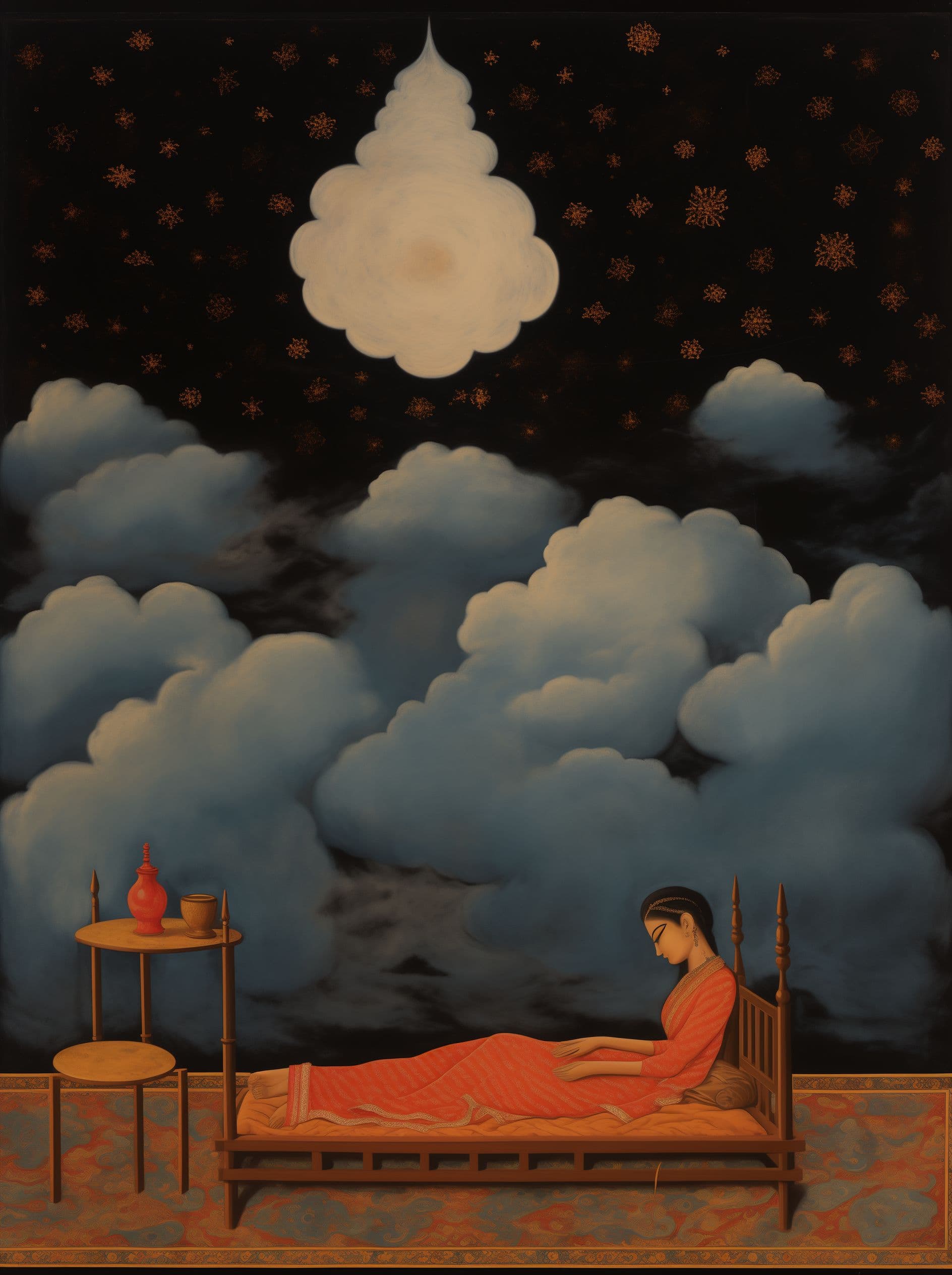 AI generated: Indian miniature painting of an Indian woman sleeping
