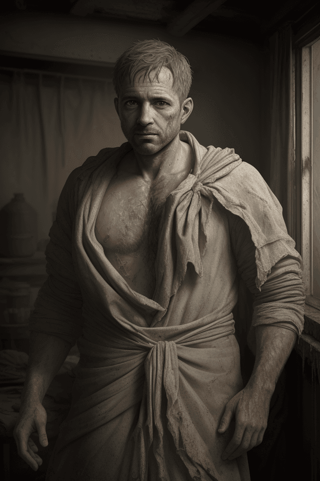 AI generated: 33 year old male wrapped in dirty old cloth, wide angle, ((detailed environment)), detailed backgrou...
