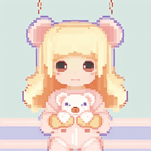 AI generated: "Create a pixel chibi-style illustration of an adorable baby girl with blonde hair, wearing a cute o...