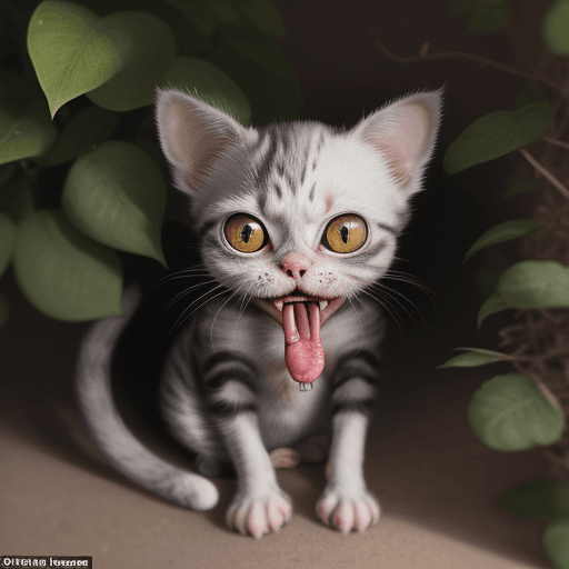 AI generated: An ugly little cat, with a mischievous look, sitting, with a tooth sticking out of its open mouth an...