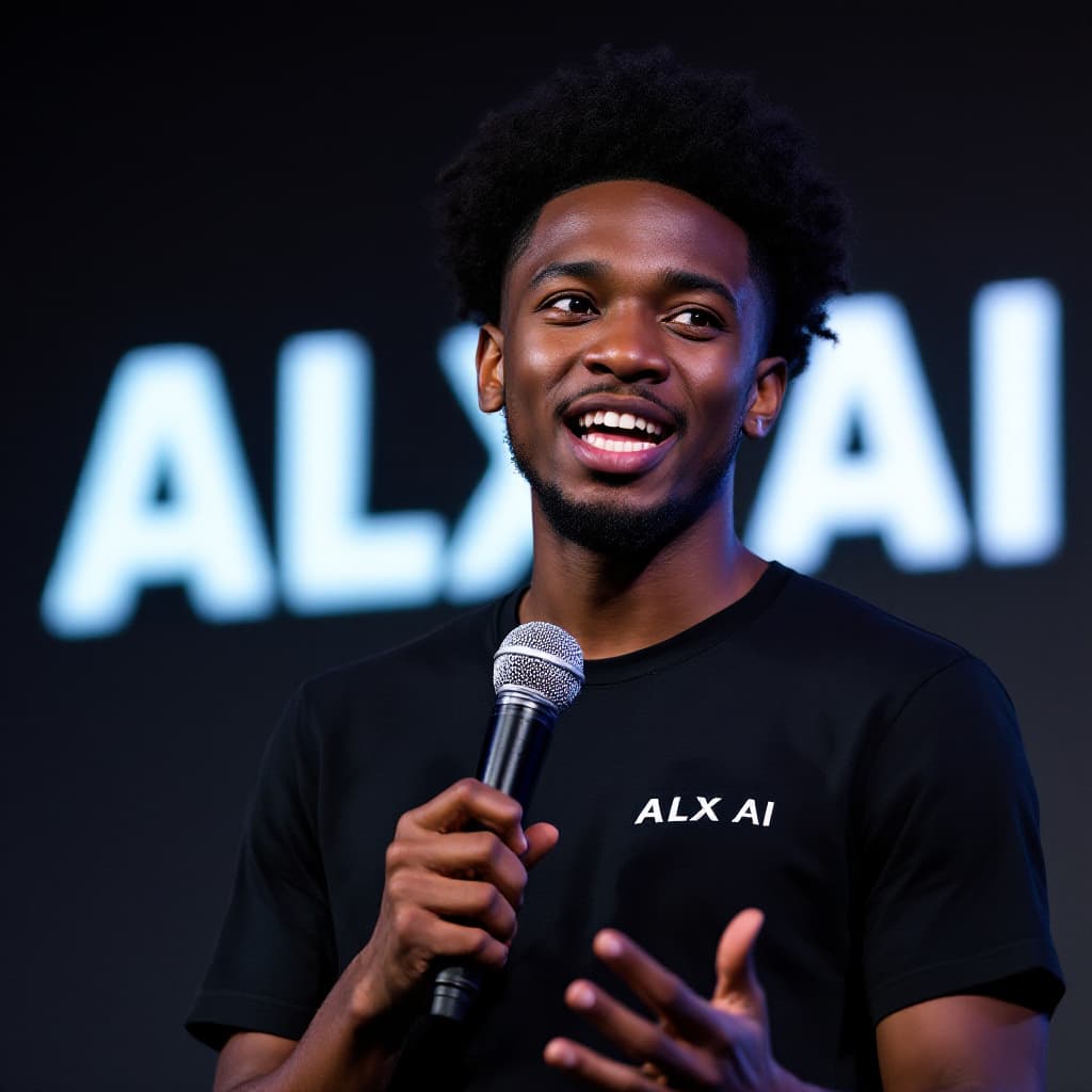 AI generated: An up-close image of a young, fair-skinned African person giving an animated talk about artificial i...