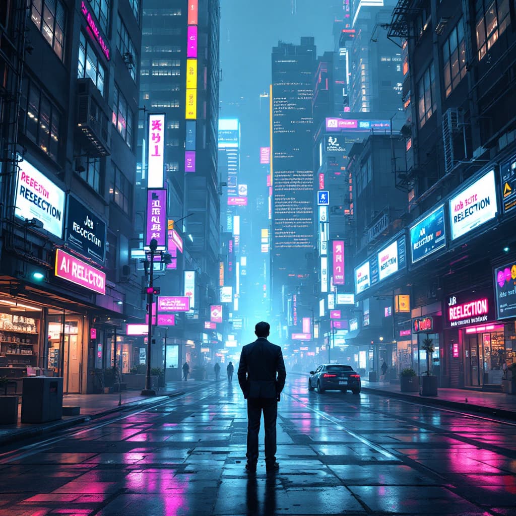 AI generated: A dystopian futuristic city where AI-powered robots and machines have taken over all jobs. Empty off...