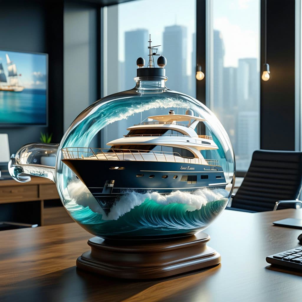 AI generated: A realistic ship in a bottle, featuring a ((2005 68 foot Lazarra ((enclosed)) fly bridge)) luxury su...