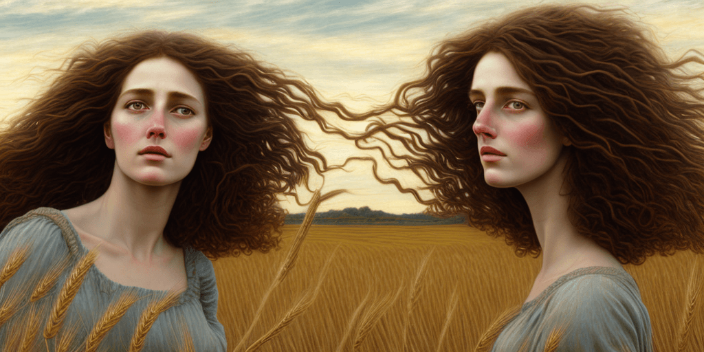 AI generated: Highly detailed oil on canvas of a woman with long brown curly hair, standing in a wheat field, wind...