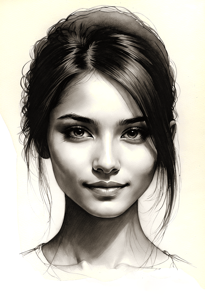 AI generated: Create a detailed black and white sketch of a young woman with a gentle and engaging expression. Her...