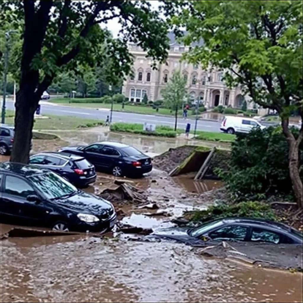 AI generated: 

The image shows a damaged area, probably as a result of a natural disaster such as a flood. Cars a...
