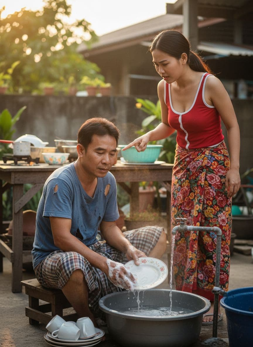 AI generated: สร้างภาพ ให้ผู้ชาย กำลัง นั่งล้างจาน ข้างเขา มีภรรยา กำลังยืนบ่นอยู่ ในมือซ้ายของเขาถือจาน มือขวาถือ...